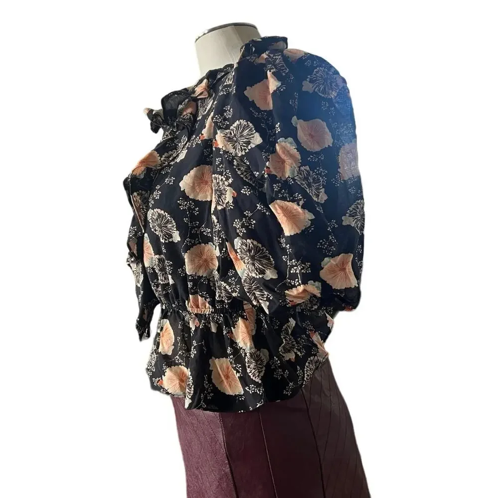 Ulla Johnson Size 4 Nadya Black Gardenia Floral Ruffle Peplum Cotton Blouse
